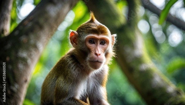 Fototapeta Long-tailed monkey in a lush forest setting
