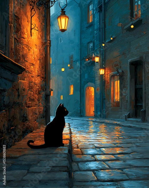 Fototapeta Black Cat Silhouette in Dark Cobblestone Alleyway at Night