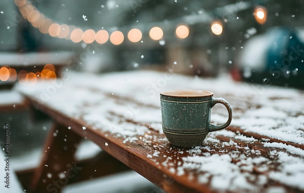 Fototapeta Blue speckled mug on snow covered wooden picnic table with warm background lights