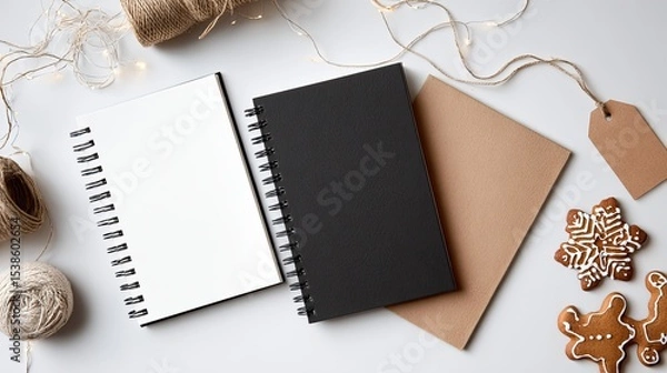 Fototapeta Notebook Mockup with Christmas Decorations on White Surface