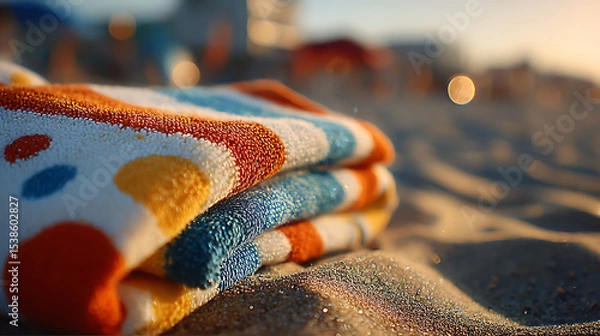 Fototapeta Folded Colorful Beach Towel on Sandy Beach at Sunset