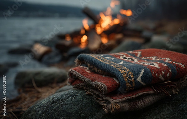 Fototapeta Folded Red And Blue Blanket Near A Campfire By A Lake At Dusk