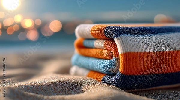 Fototapeta Folded Striped Beach Towels on Sandy Beach at Sunset