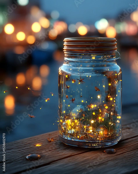 Fototapeta Glass Jar Filled with Glowing Fireflies on Wooden Surface at Night