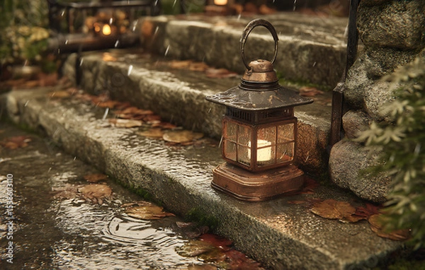 Fototapeta Glowing Lantern on Rainy Stone Steps at Night