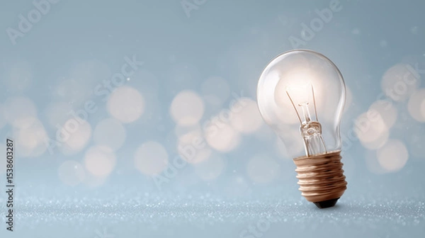 Fototapeta Glowing light bulb stands on sparkling surface with soft bokeh background, symbolizing innovation and creativity. warm light contrasts with cool blue tones