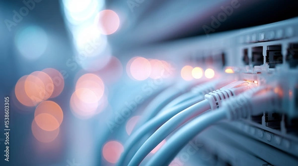 Fototapeta Close up of network cables connected to server, with soft focus on glowing lights in background, creating futuristic and technological atmosphere