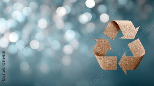 Fototapeta Reuse or recycle sign made from recycled brown scrap paper on a blurred bokeh background.