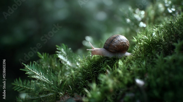Fototapeta Small snail with brown shell crawls on lush green moss in soft, natural light environment, creating peaceful and serene nature scene
