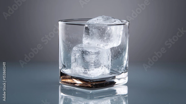Fototapeta Clear glass tumbler with two large ice cubes inside, placed on reflective surface with smooth gradient gray background, evoking cool and refreshing feeling
