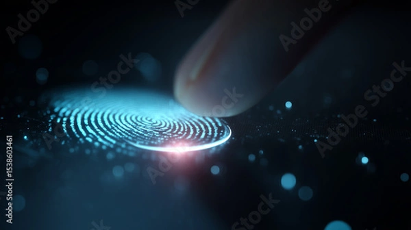 Fototapeta Fingerprint scanning technology with finger pressing on glowing digital fingerprint scanner, symbolizing security and biometric identification in futuristic setting