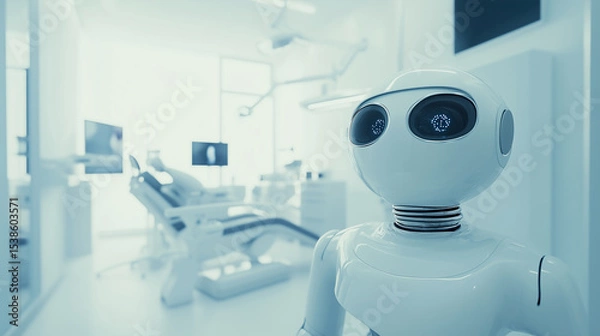 Fototapeta Futuristic white robot with large black eyes stands in bright modern dental clinic, symbolizing advanced technology and innovation in healthcare environments