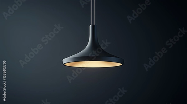 Fototapeta Modern black pendant lamp glowing warmly in dark room, creating cozy and elegant atmosphere with minimalist design and soft light