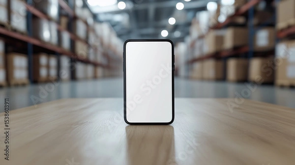 Fototapeta Smartphone with blank screen standing on wooden table in warehouse aisle, modern technology concept with copy space for text or app, bright and clean environment