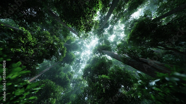 Fototapeta Lush green forest canopy with tall trees and sunlight filtering through leaves creating peaceful and refreshing natural atmosphere