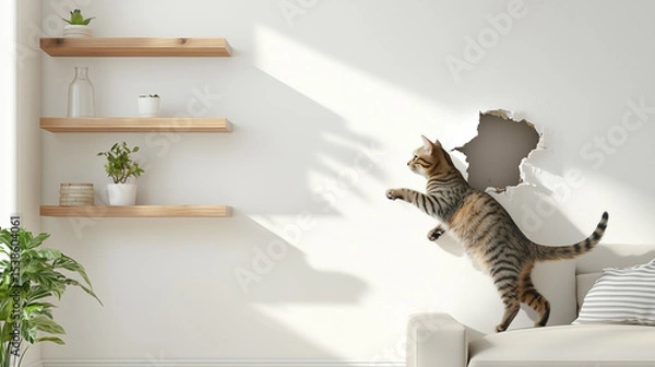 Fototapeta Playful tabby cat is jumping near hole in white wall in bright room with wooden shelves and green plants, creating lively and curious atmosphere