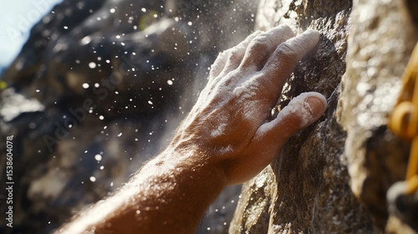 Fototapeta Close up of chalked hand gripping rough rock surface during outdoor rock climbing activity, capturing intense focus and physical effort involved