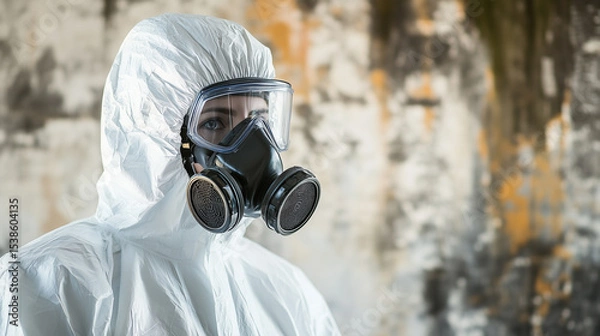 Fototapeta Person wearing protective suit and gas mask in hazardous environment, showing safety and caution in contaminated area