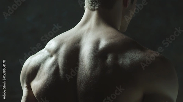 Fototapeta Muscular male back with defined shoulder and upper back muscles in low light, showing strength and fitness in dark setting