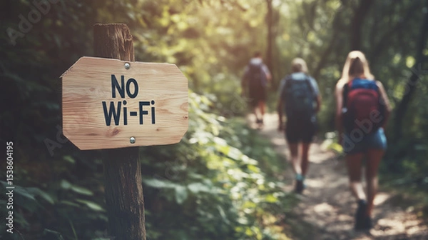 Fototapeta No Wi Fi wooden sign on forest trail with three hikers walking away, enjoying nature and digital detox in sunny outdoor environment