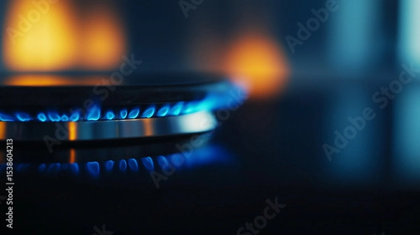Fototapeta Blue gas flame burning on stove burner close up with dark background and warm light bokeh, creating cozy and modern kitchen atmosphere