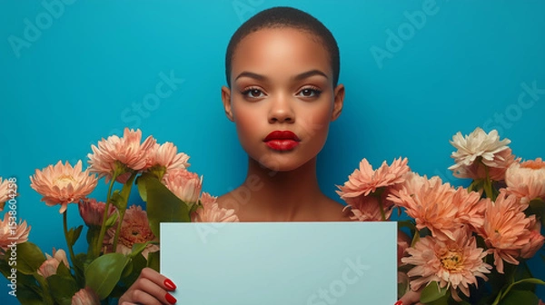 Fototapeta Confident young woman with short hair and red lipstick holds blank sign surrounded by peach flowers against bright blue background, creating vibrant and elegant scene