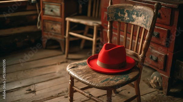 Fototapeta Red Hat on Rustic Wooden Chair in Vintage Room