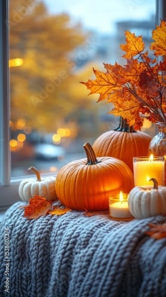 Obraz Cozy autumn scene with pumpkins, candles, and colorful leaves by a window