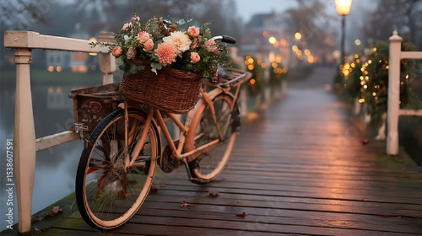 Fototapeta Vintage Bicycle with Pastel Flowers on a Romantic Bridge at Dusk