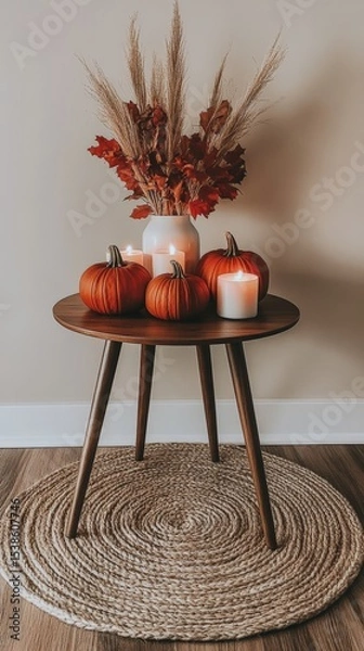 Obraz Autumn decor with pumpkins and candles on a wooden table