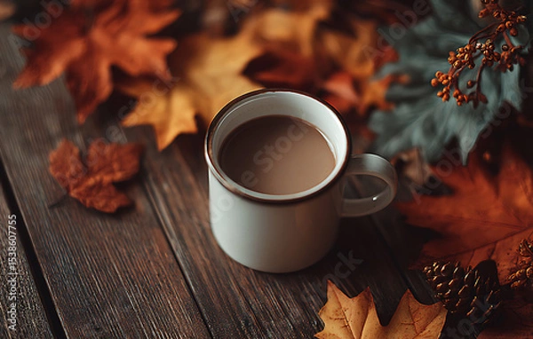 Fototapeta Warm Coffee in White Mug Surrounded by Autumn Leaves on Dark Wooden Table