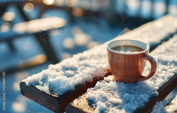 Fototapeta Warm Coffee Mug on Snowy Wooden Bench in Winter Sunlight