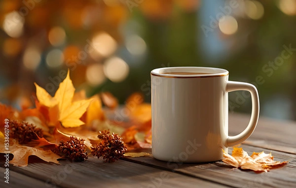 Fototapeta White Mug of Hot Drink on Wooden Table with Autumn Leaves