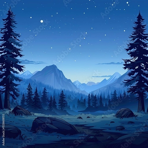 Fototapeta Fantasy cartoon forest with moonlit mountains and sparkling night sky