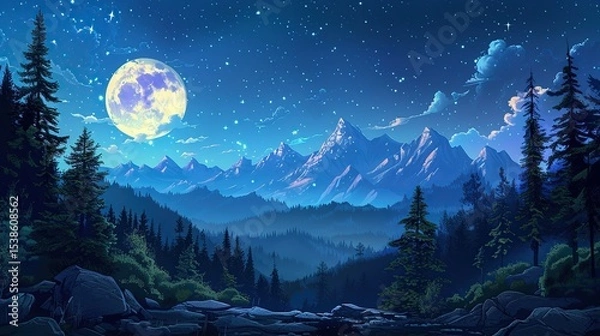 Fototapeta Whimsical animated mountain landscape with trees in a calm night setting