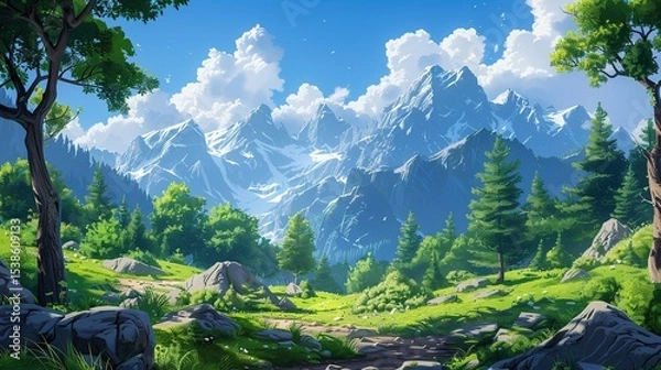 Fototapeta Soft pastel cartoon scenery with trees in front of majestic mountain