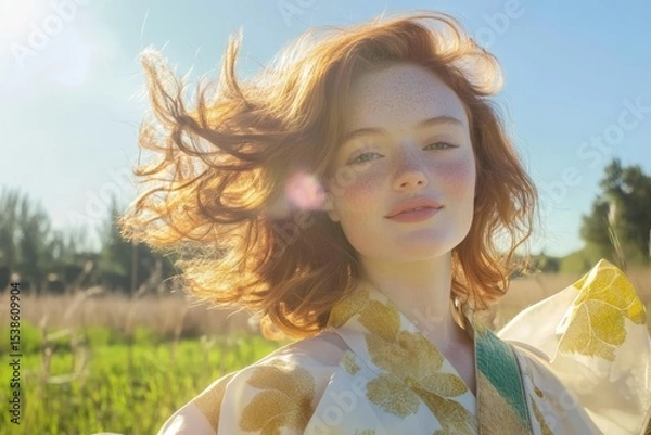 Obraz Young caucasian woman in nature with red hair and freckles enjoying sunlight