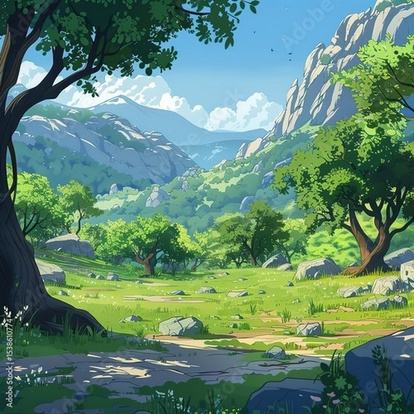 Fototapeta Artistic illustration of forest cartoon landscape in soft light setting