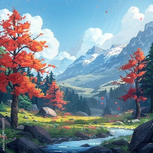 Fototapeta Serene cartoon park forest with mountain view and warm natural glow