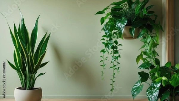 Obraz Decorative plants sansevieria trifasciata in a mirror pot and dracaena scented on a white table in the interior, snake plant, striped leaves. Interior elements. The concept of decor