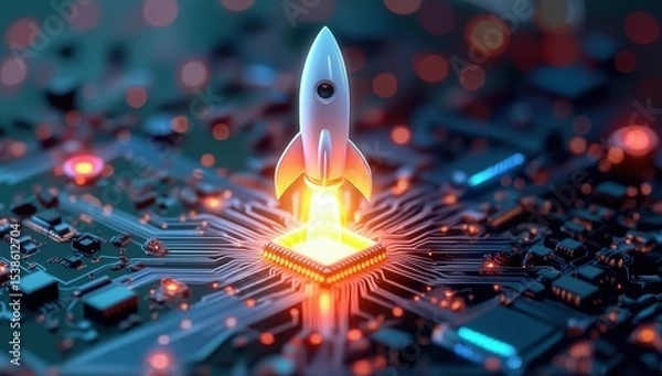 Obraz Fiery rocket with glowing flames ascends from microchip on electronic circuit board, symbolizing technological breakthrough and digital innovation in business technology, 3D rendered abstract concept.
