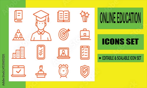 Fototapeta Education Icon Set: A collection of sleek, editable icons, illustrating diverse facets of education and online learning, ideal for educational platforms.