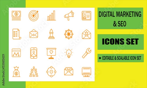 Fototapeta Digital Marketing and SEO Icons Set: A comprehensive set of flat design icons perfect for digital marketing and SEO-related projects, featuring various symbols for web analytics, social media.