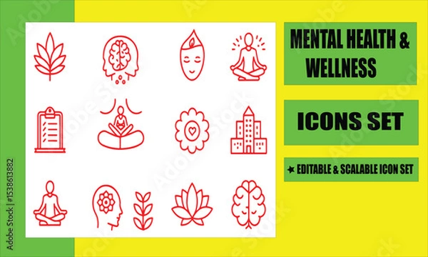 Fototapeta Mental Health & Wellness Icons Set: A collection of red outlined icons, conveying the essence of well-being, mindfulness, and mental health.