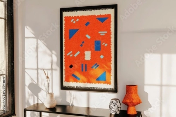 Obraz Framed abstract art on wall with geometric patterns in bright modern interior setting