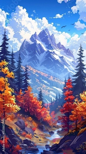 Fototapeta Artistic cartoon scenery featuring pine trees and big mountain range