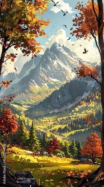 Fototapeta Calm cartoon forest landscape showing colorful trees and soft lighting