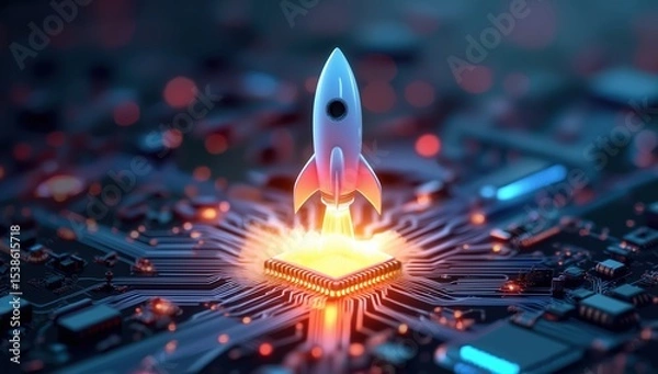 Obraz Fiery rocket with glowing flames ascends from microchip on electronic circuit board, symbolizing technological breakthrough and digital innovation in business technology, 3D rendered abstract concept.