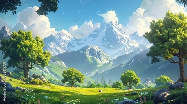 Fototapeta Whimsical cartoon nature landscape showing trees and distant rocky peaks