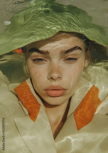 Obraz Young caucasian woman partially submerged in water with reflective light patterns